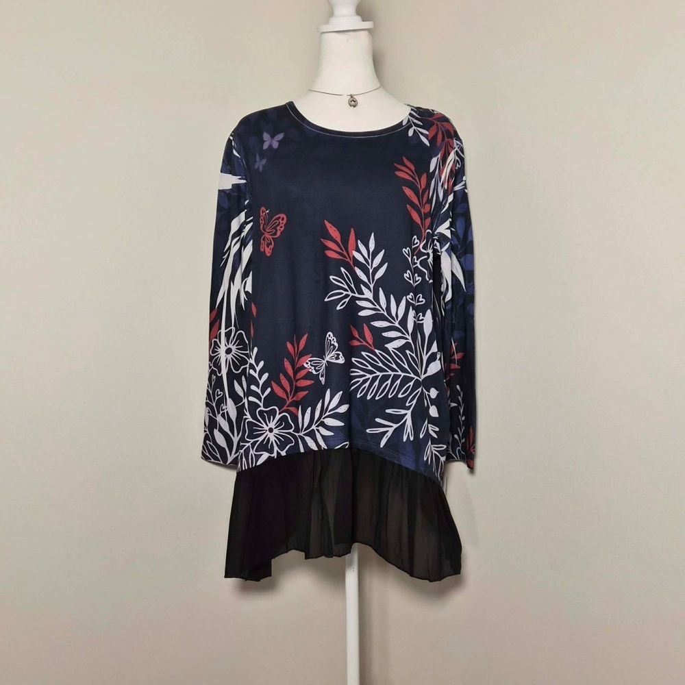 Jess & Jane NWT Arcadia Navy Blue Floral Butterfly Artsy Twee Mesh Layered Shirt